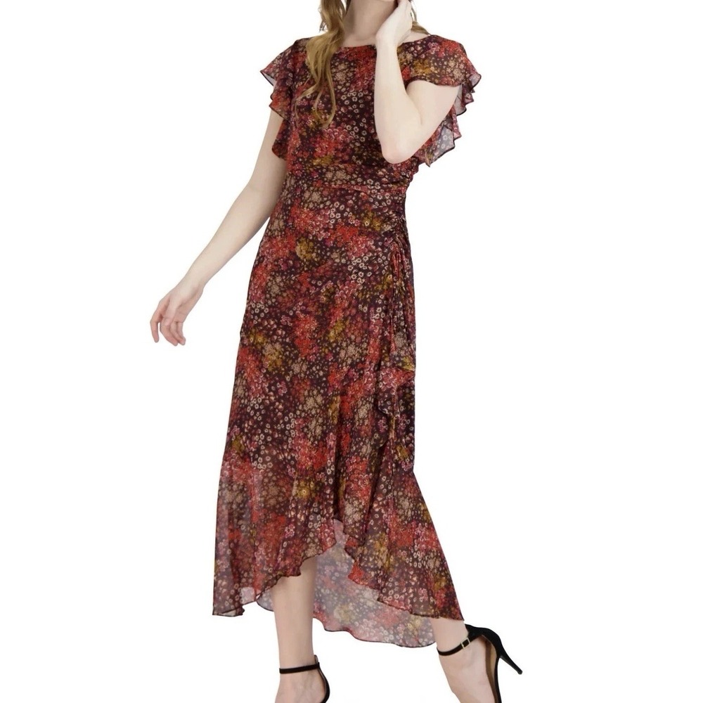 Julia Jordan Scoop Neck Asymmetrical Hem Dress Ruched Side Sz 4 Ruffle Floral